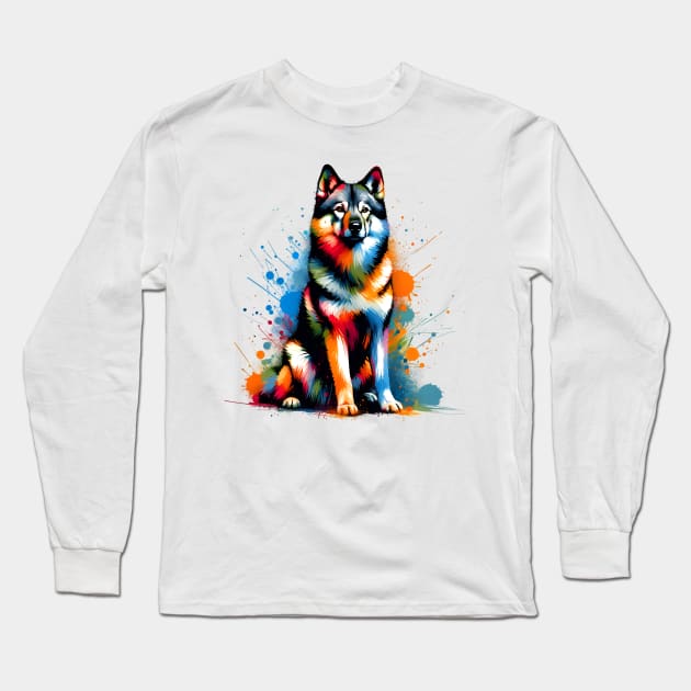 Vibrant Norwegian Elkhound in Colorful Splash Paint Style Long Sleeve T-Shirt by ArtRUs